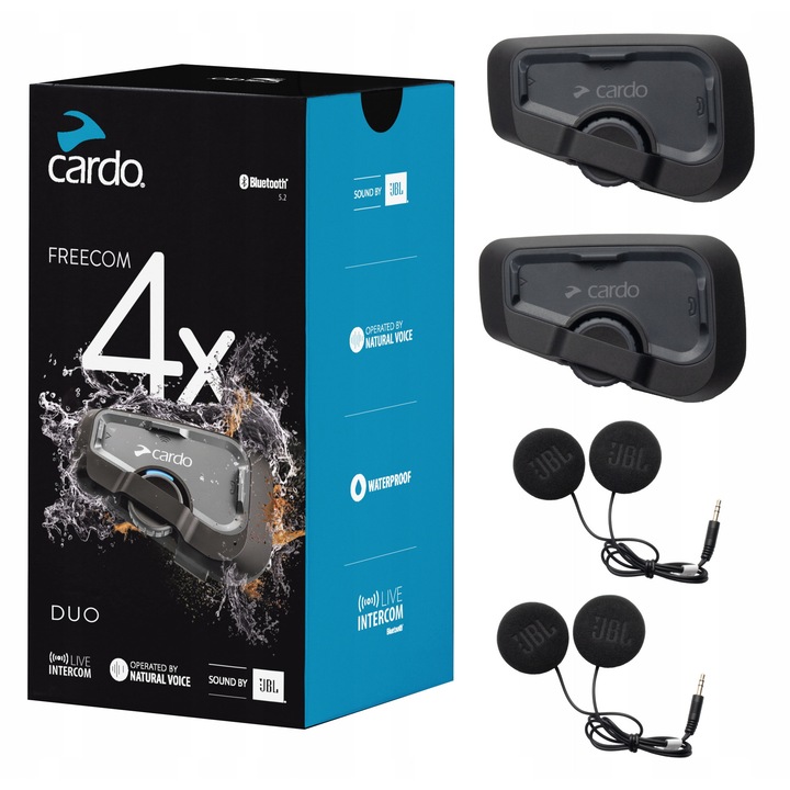 Intercom Bluetooth Cardo Freecom 4X, pentru 4 motociclisti, sunet JBL, waterproof, 48x75x20mm