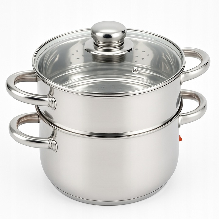 Set de gatit la aburi Hoffner, oala din otel inoxidabil cu capac, 3L, 20cm, 36cm inaltime, rezistent la rugina