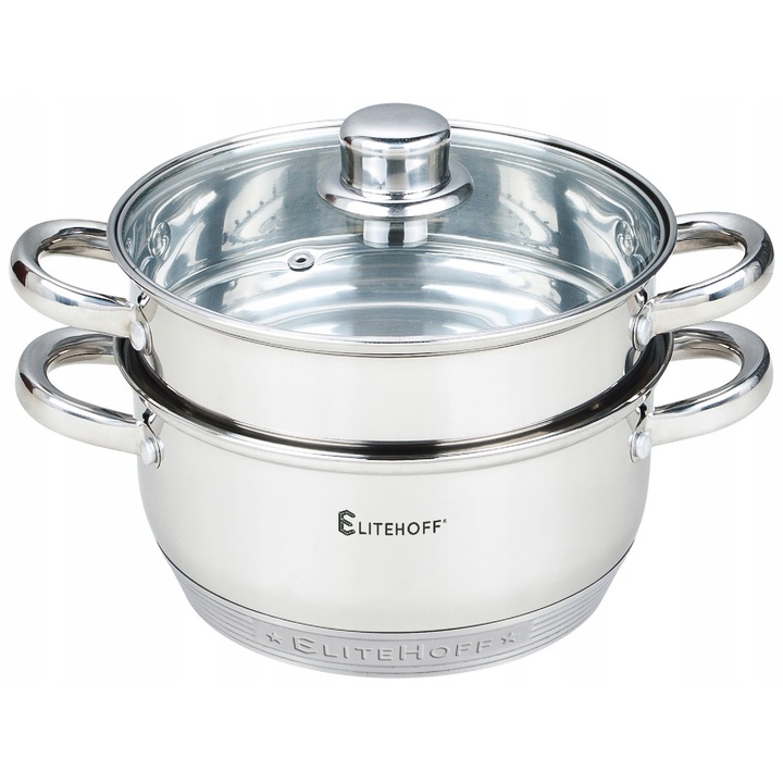 Oala de gatit la aburi set 3 piese, EliteHoff, 18cm, 2l, inox, capac din sticla, argintie