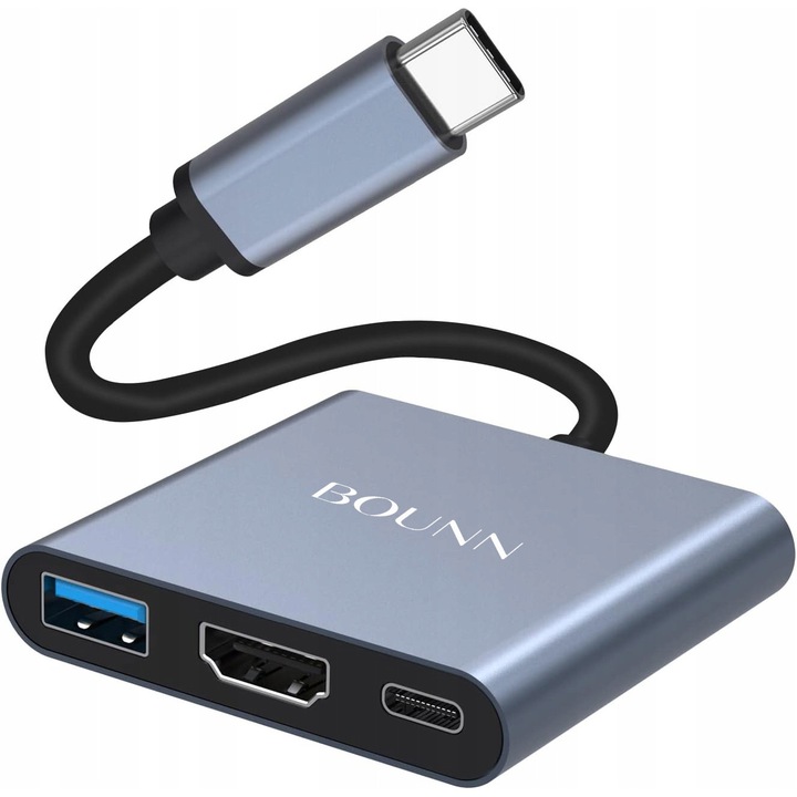 USB 3.0 хъб + HDMI + захранващ кабел 100 W, BOUNN, 4K/30 Hz, сив