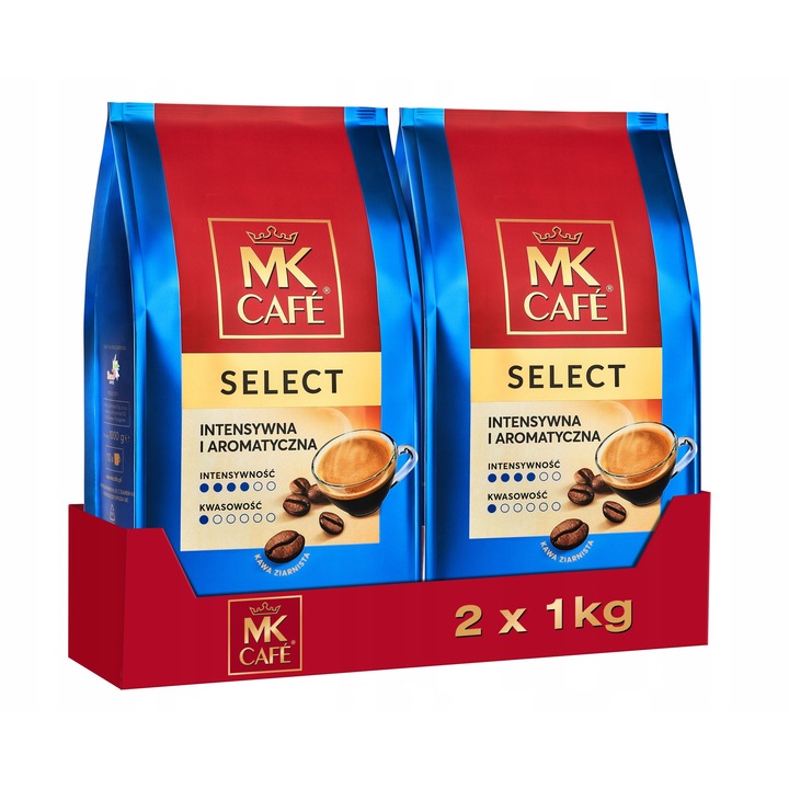 Cafe boabe MK Cafe Select, amestec Arabica si Robusta, 2x1000g, prajire medie, continut scazut de cofeina