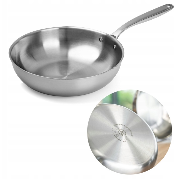 Tigaie WOK Remoska Proxima, 28 cm, inox, cu capac, pentru toate tipurile de plite, 2,5 mm grosime fund.