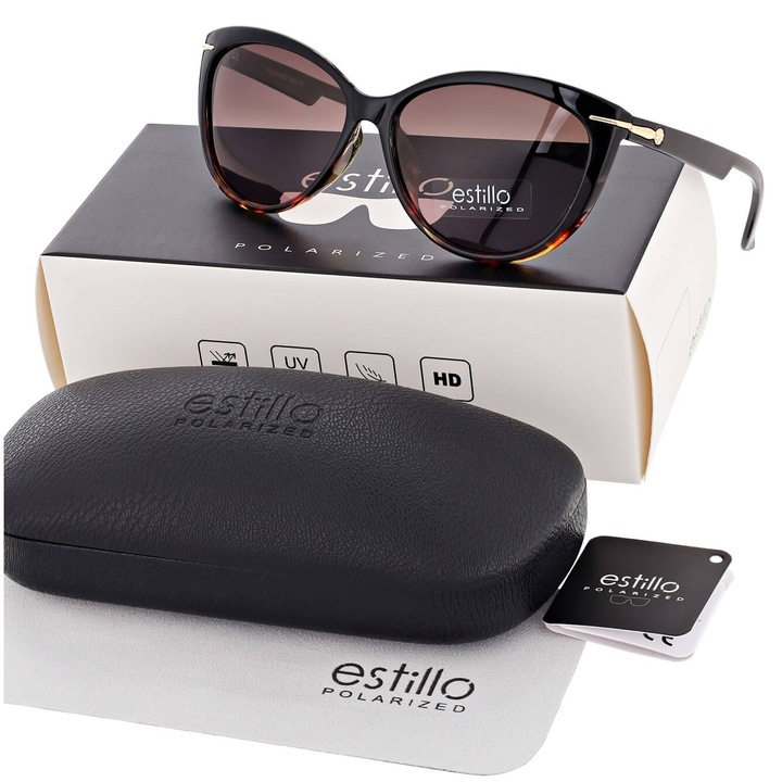 Ochelari de soare dama Estillo model EST-14-13, polari, negru/pantera, lentile bronz cernit, set complet accesorii