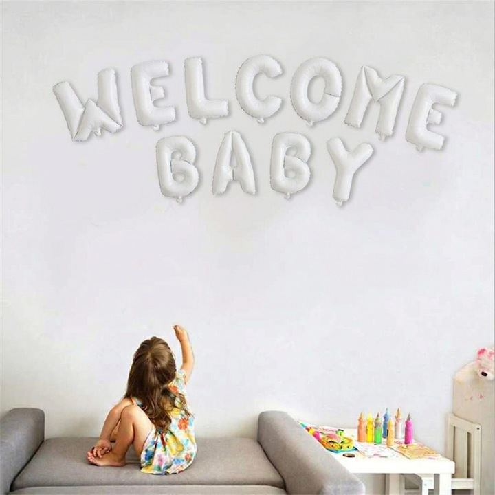 Original - Set Baloane din Pelicula protectie Metalizata, Southern Sky, Figurine Litere, Model Welcome Baby, Tema Aniversare, 40 cm, Ambalaj Individual, Pai inclus, Umflare cu Aer sau Heliu, Alb - calitate superioara