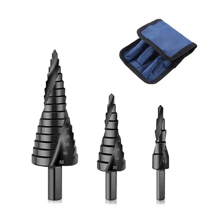 Set de 3 burghie din otel M35, dimensiuni 4-32mm/4-20mm/4-12mm, rezistenta la caldura, include husa de transport