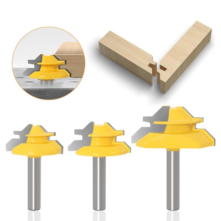 Set de 3 freze cu unghi de 45°, diametru tija 8mm, din otel tungsten, pentru prelucrarea lemnului