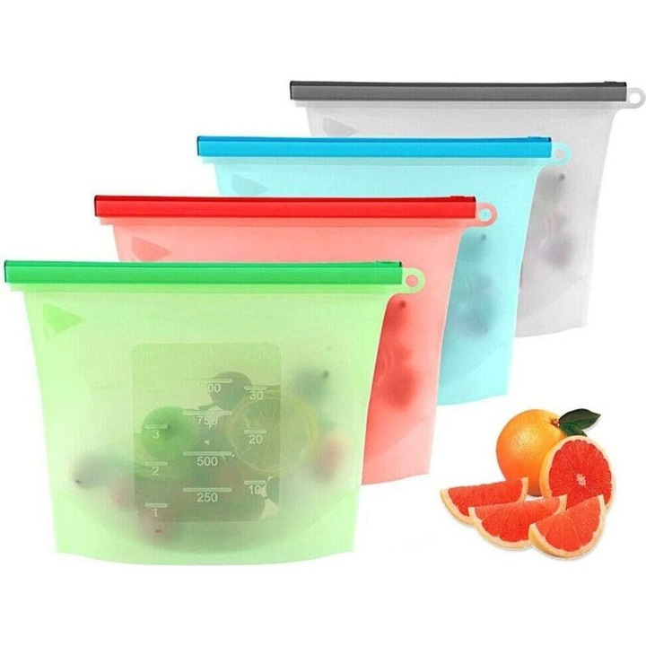 Pungi alimentare reutilizabile, set de 4, impermeabile, din materiale ecologice, capacitate mare, design vertical