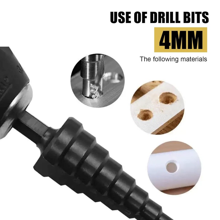 Set de burghie conice 3 piese, metal, 3-12mm, 4-12mm, 4-20mm, design dublu helix, 6.3mm