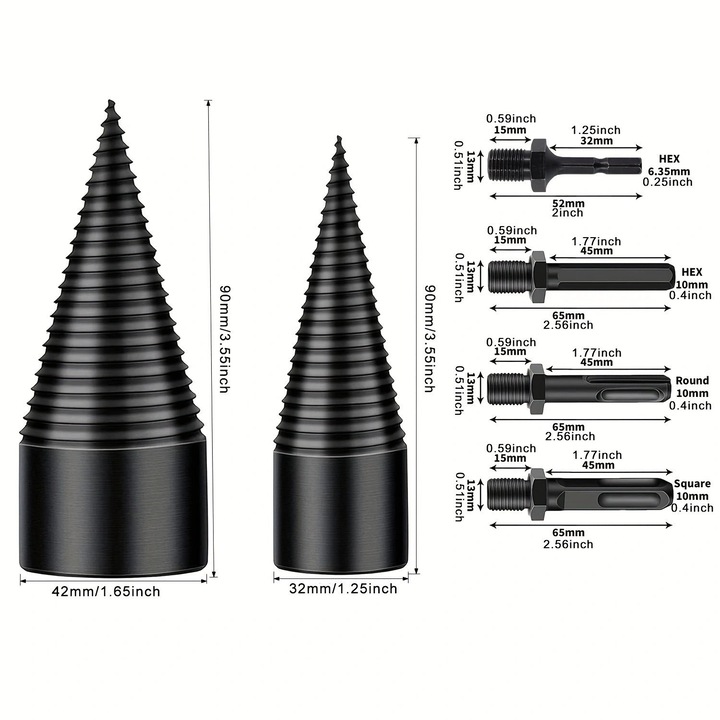 Set burghie pentru despicat lemn 32x42mm, cu manere variate, pentru masini de gaurit si insurubat