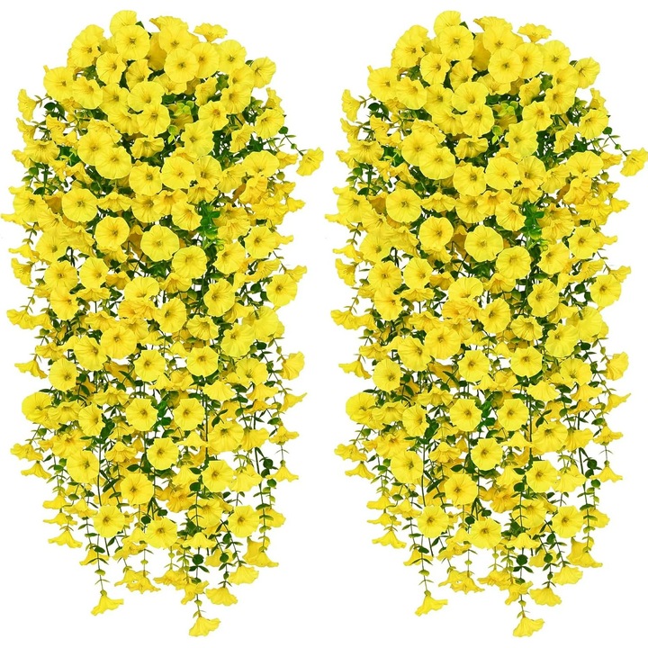 Set 2 plante artificiale suspendate, flori de violeta si vita de vie eucalipt, multicolor, pentru decorare interioara si exterioara