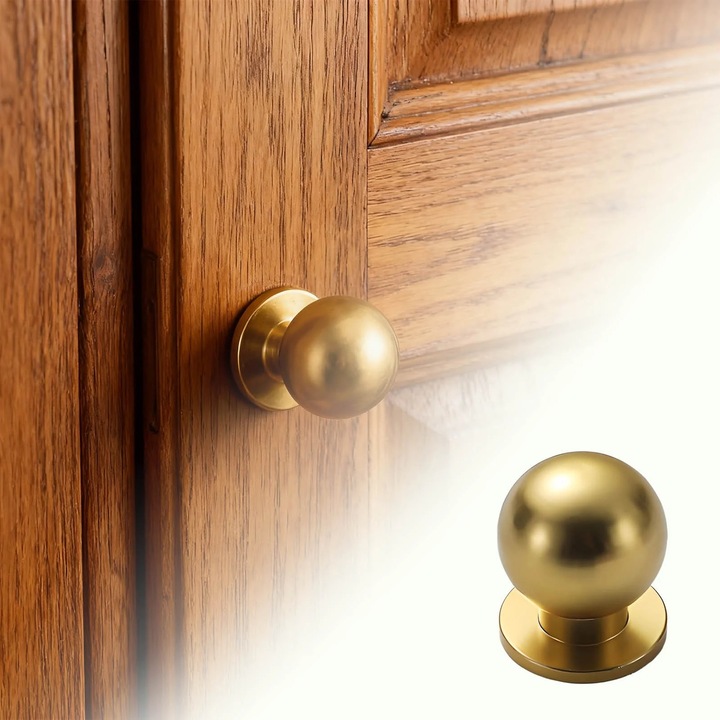 Set 12 butoane de cabinet din alama periata, marime 3x2.5x2.5cm, pentru usi si sertare, aurie.