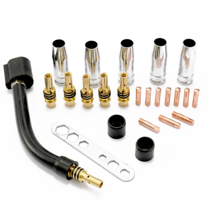 Set de 24 de conectori pentru torta de sudura 15AK, inclusiv consumabile, tije de sudura, capace de protectie si coturi gooseneck.