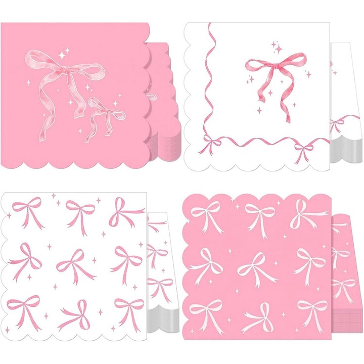 Set 20 prosoape de hartie roz cu fundita, 33x33cm, ideale pentru petreceri pentru copii si baby shower