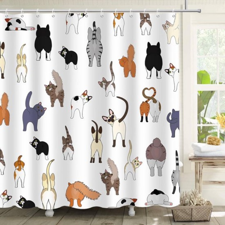 Cortina de dus cu model pisici, 180x180cm, impermeabil, lavabil, cu 12 carlige