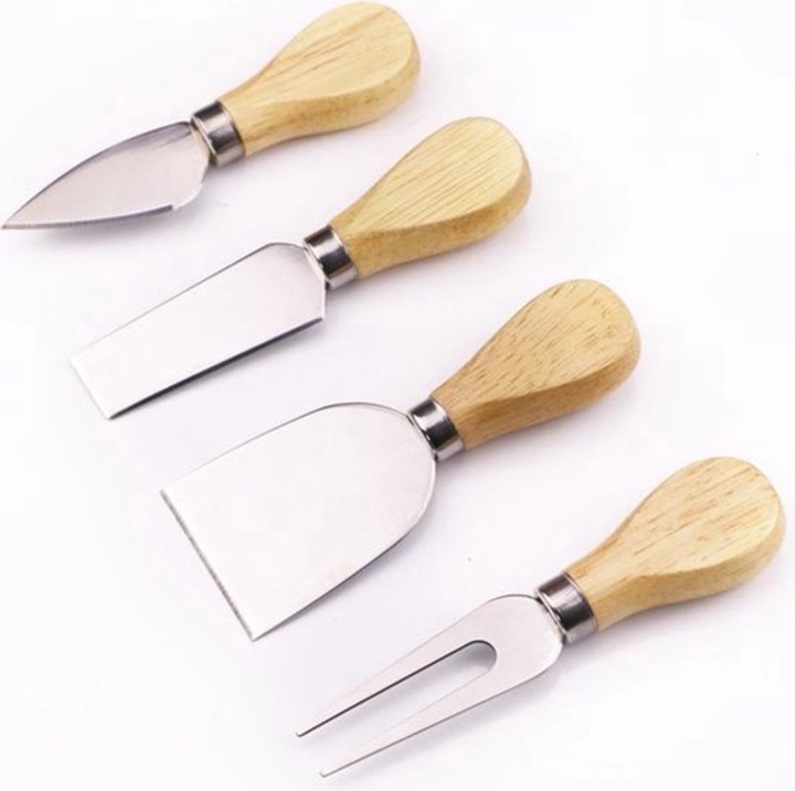 Set de cutite pentru branza, 4 bucati, manere din bambus, otel inoxidabil, cutie cadou