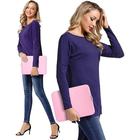 Geanta de protectie pentru laptop 15 inch, neopren, design slim, roz, set cu geanta suplimentara