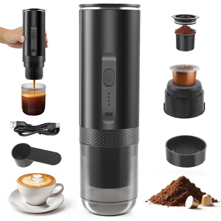 Espressor portabil, 20 bar, functie 3 in 1, 7500mAh, pentru cafea cu capsule si cafea macinata, ideal pentru camping si calatorii