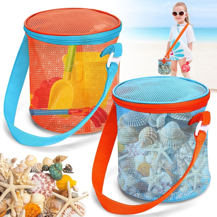 Set 2 genti de plaja pentru copii, design cilindric, material poliester, culoare neutra, 15x17cm
