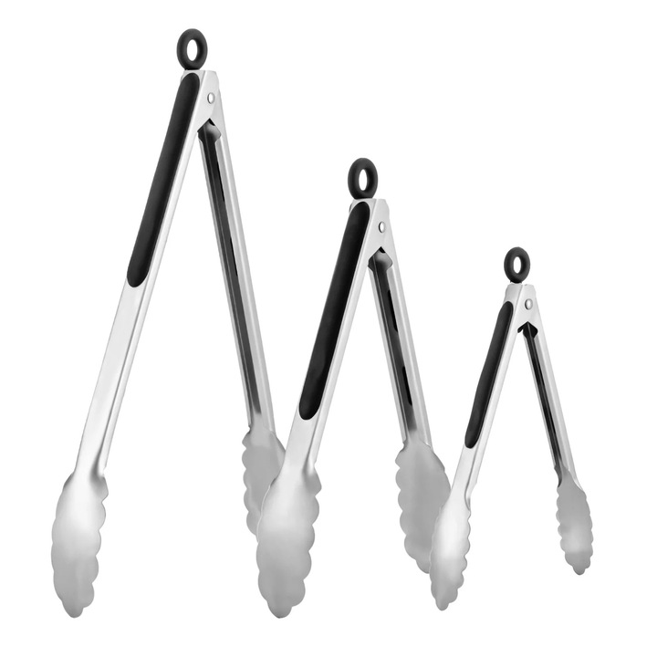 Set 3 clesti de bucatarie din otel inoxidabil, 20x25cm, 25x30cm, 30x35cm, manere antiderapante, pentru gatit si gratar