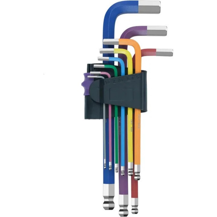 Set de 9 chei Allen cu cap sferic, dimensiuni 1.5-10 mm, finisaj cromat, multicolor