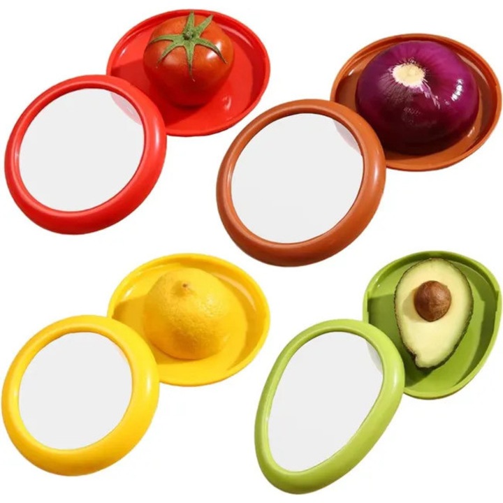 Set de 4 cutii alimentare reutilizabile din silicon, pentru fructe si legume, transparent, dimensiuni variate: 14x10.5x2.5cm, 10x10x2.5cm, 12.5x12.5x2.5cm.