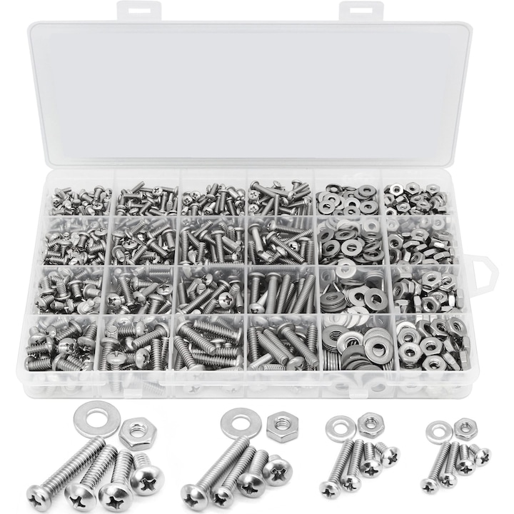Set de 700 de suruburi din otel inoxidabil 304, cap Phillips, piulite si rondelle, M2, M3, M4, M5