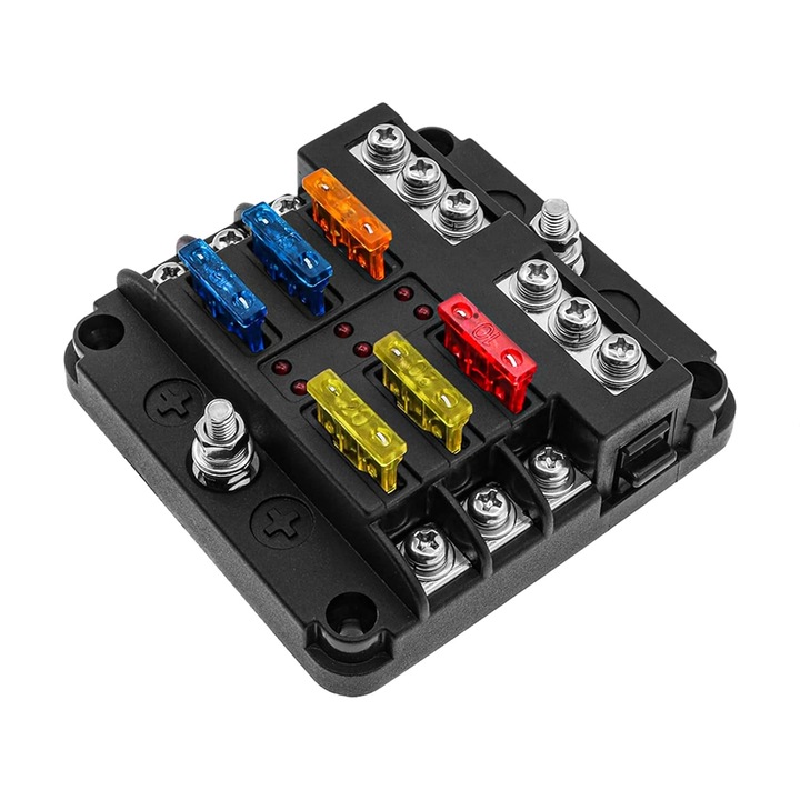 Biztosítékdoboz 6 utas, LED, védelem, 87.75x85x36.5mm, 12V/24V