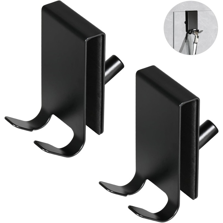 Set suporturi pentru prosoape de dus din otel inoxidabil, design cu carlige duble, negru, 5-12mm