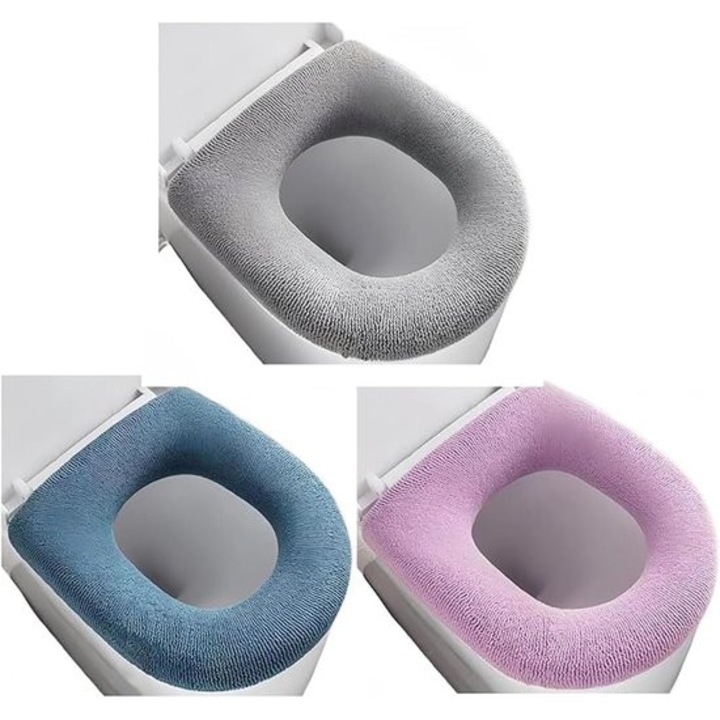 Set de 3 huse pentru capac de toaleta, culori: albastru deschis, gri, roz, material tricotat, usor de intretinut