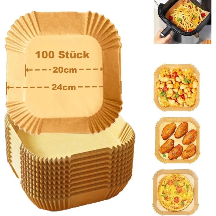 Hartie de copt pentru friteuze cu aer, 100 foi, 20x24cm, antiaderent