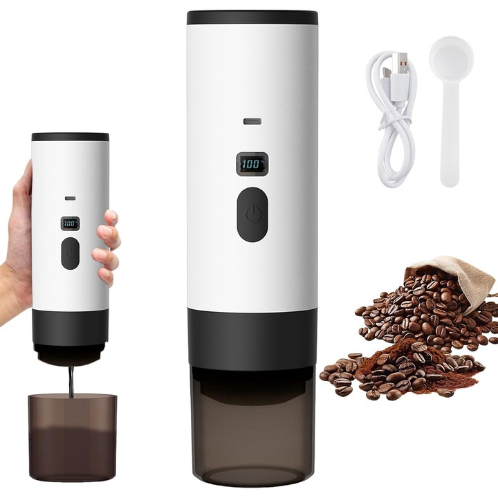 Espressor portabil 3-in-1, pentru cafea macinata si capsule, alb, dimensiuni compacte