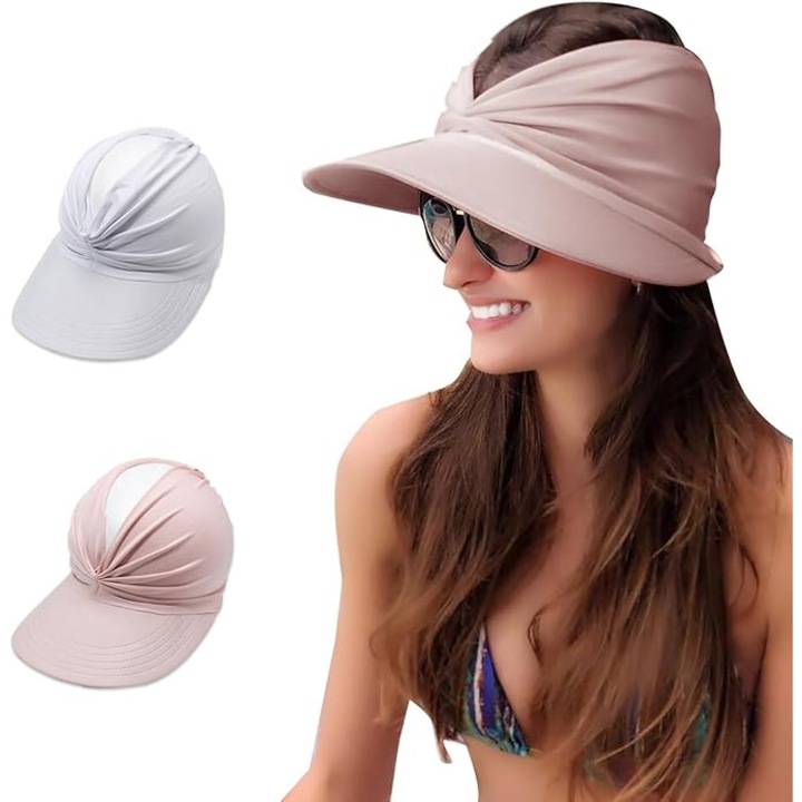 Set de 2 palarii de soare pentru femei, alb si roz, dimensiune unica, protectie UV, pliabile.