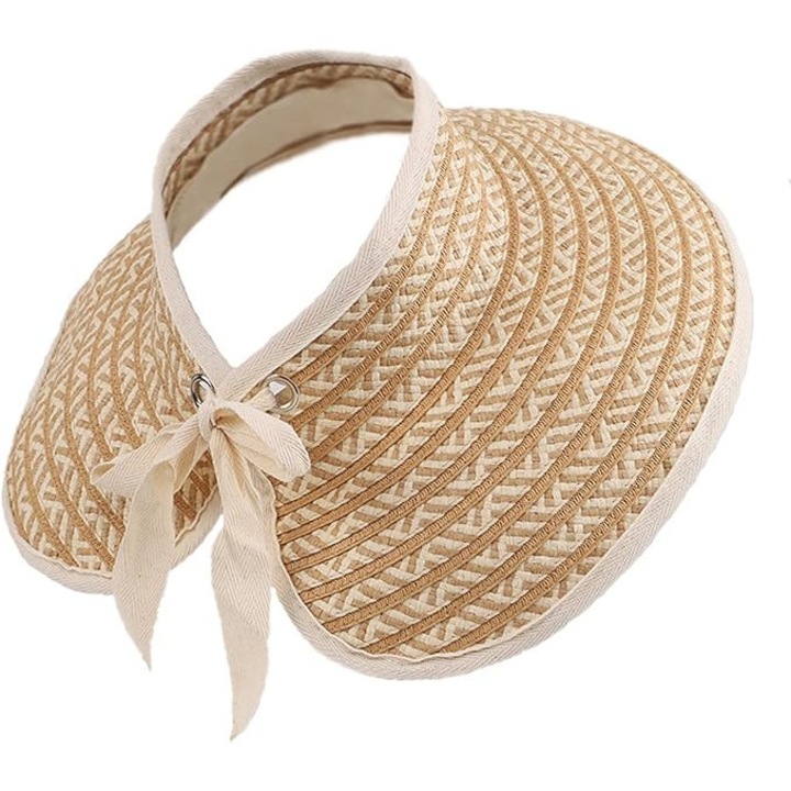 Palarie de soare eleganta cu boruri largi, bej, pentru femei, set pliabil pentru coada de cal