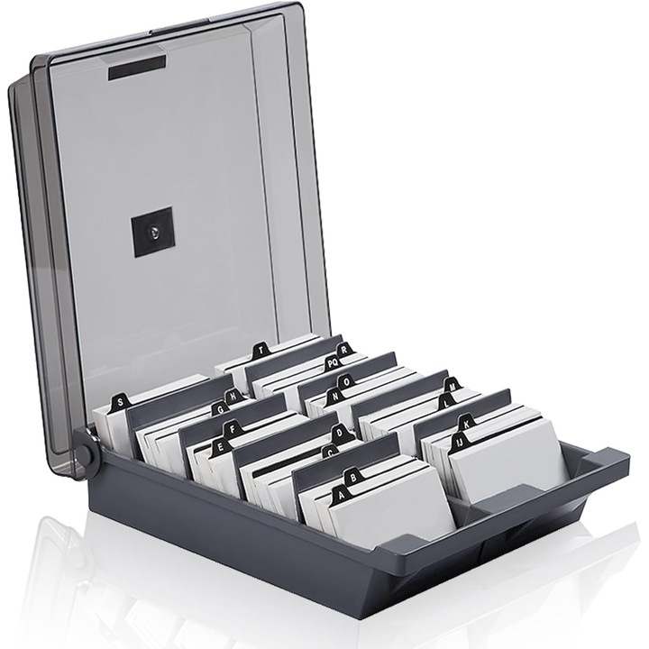 Suport documente pentru carti de vizita, 1000 de carduri, cu 8 separatoare, index alfabetic AZ, gri