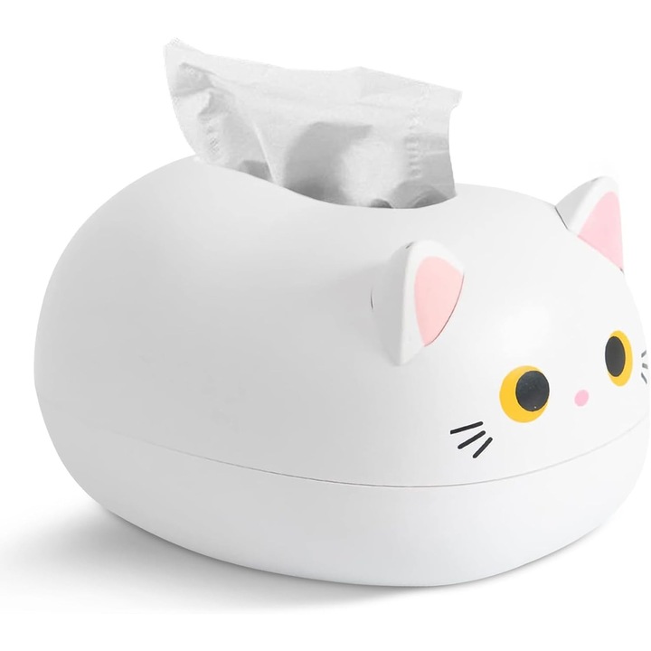 Държач за салфетки, кутия за салфетки с анимационна котка, пластмаса, бял, размери 20x10x10см