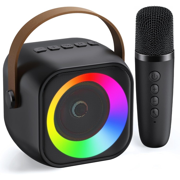 Mini hordozható karaoke gép, vezeték nélküli mikrofonnal, mágikus hangeffektekkel, RGB fényekkel, 8-10 óra lejátszási idő, fekete
