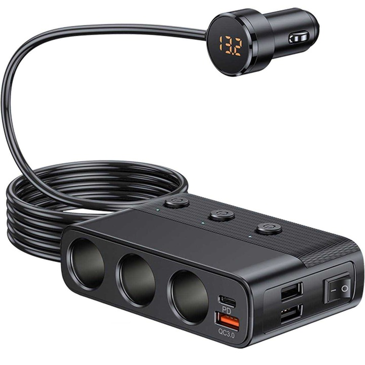 Adaptor auto cu 3 prize pentru bricheta, 80W, QC3.0/PD, cu comutator independent si voltmetru LED, 12V/24V