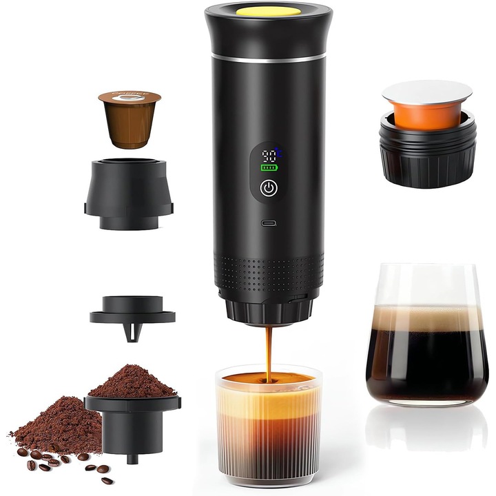 Espressor portabil 3-in-1, reincarcabil, compatibil capsule si cafea macinata, negru, compact