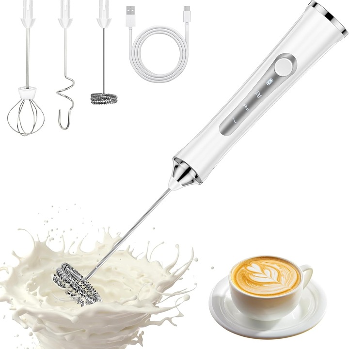 Frother electric pentru lapte, 3 viteze, 3 capete din otel inoxidabil, alb