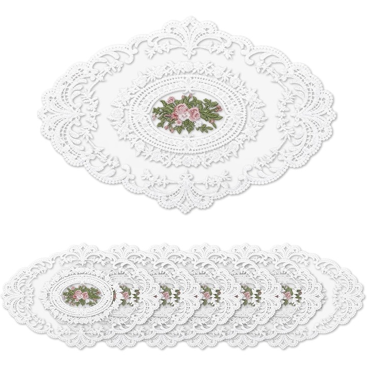 Set de 6 servete din poliester, rezistente la caldura, cu broderie florala, alb, 31x42cm