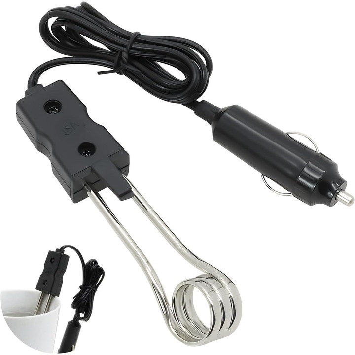 Incalzitor de apa portabil 12V, mini incalzitor de imersie, protectie impotriva supraincalzirii, rapid, pentru cafea, ceai, camping, picnic