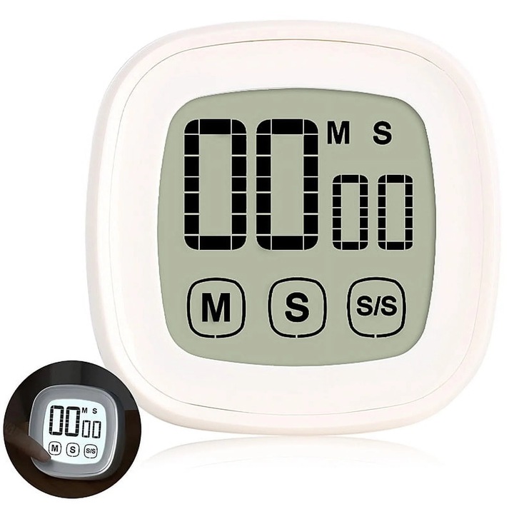 Timer digital de bucatarie, touchscreen mare, alarma puternica, suport ajustabil, alb