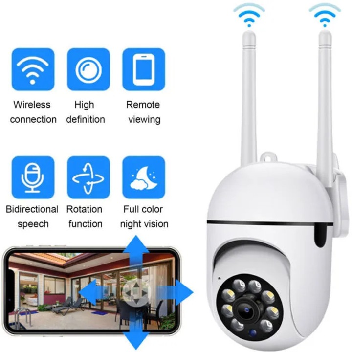 Camera de supraveghere PTZ wireless, 1080P, noapte color, montare pe tavan sau perete, 360°