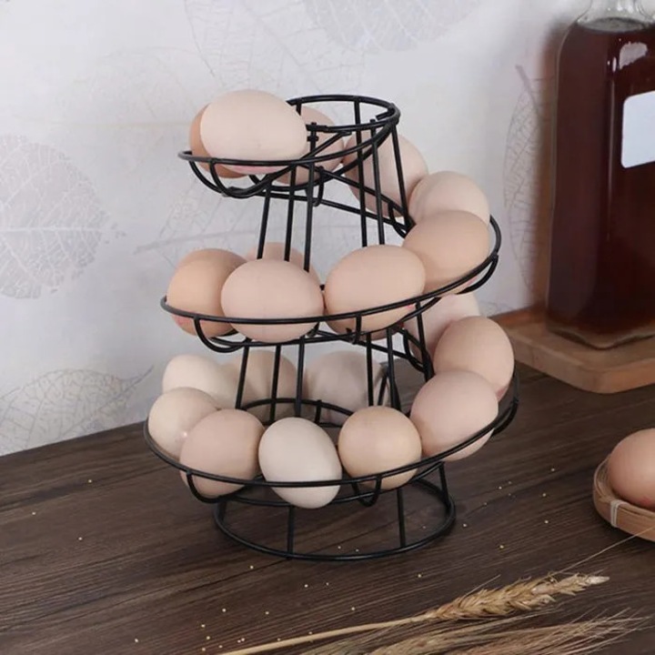 Fém tojástartó kosár, spirális tartó, fekete, kompakt design