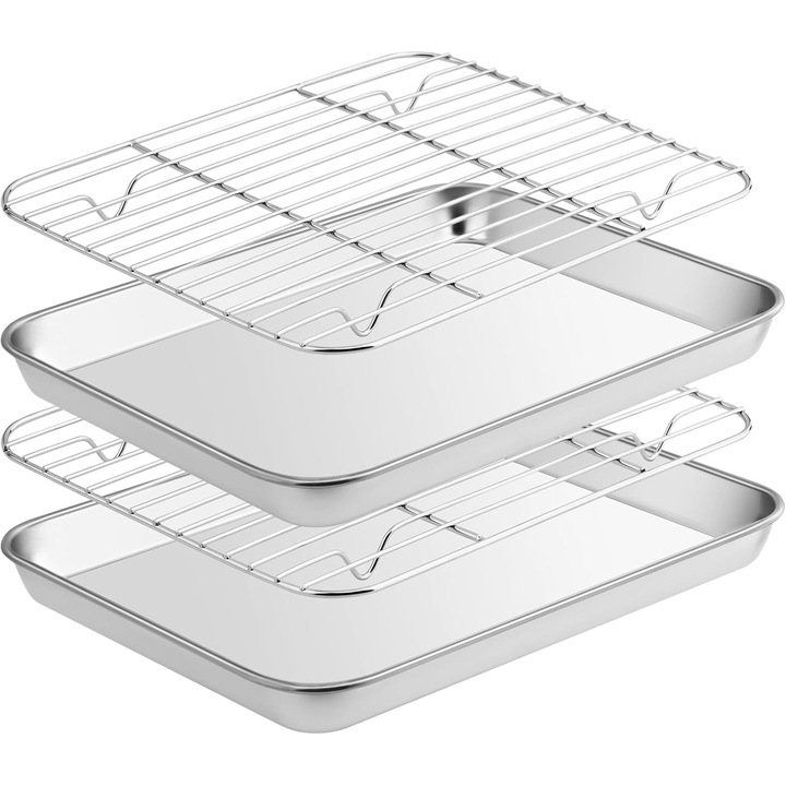 Set tavi de copt din otel inoxidabil, 2 tavi (26.7x20.5x3cm) + 2 suporturi, usor de curatat, rezistente, sigure pentru masina de spalat vase