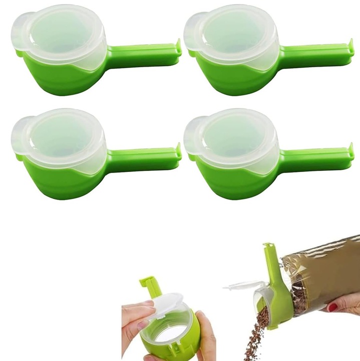 Set de 4 clips reutilizabile pentru sigilarea pungilor alimentare cu cioc de turnare, verde, 13x4.5cm
