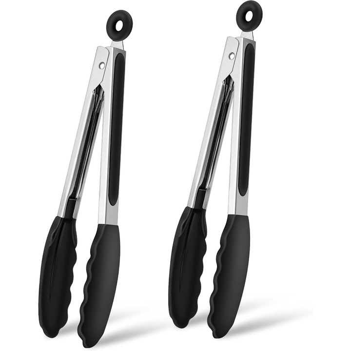 Clesti de bucatarie, set de 2 bucati, din otel inoxidabil si silicon, manere antiderapante, pentru gratar si prajit.