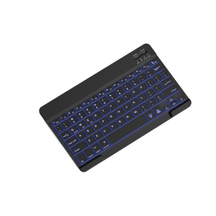 Tastatura Bluetooth iluminata, portabila, compatibila cu tablete si telefoane, 7 culori, neagra