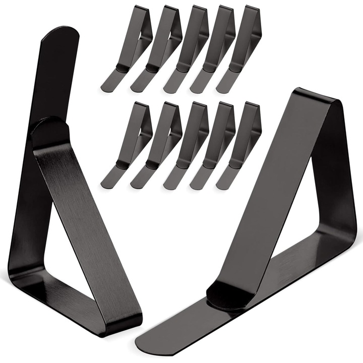 Set 12 clips pentru fete de masa, inox, 7.5x4.5cm, pentru mese 2.5-4.5cm grosime, culoare neagra