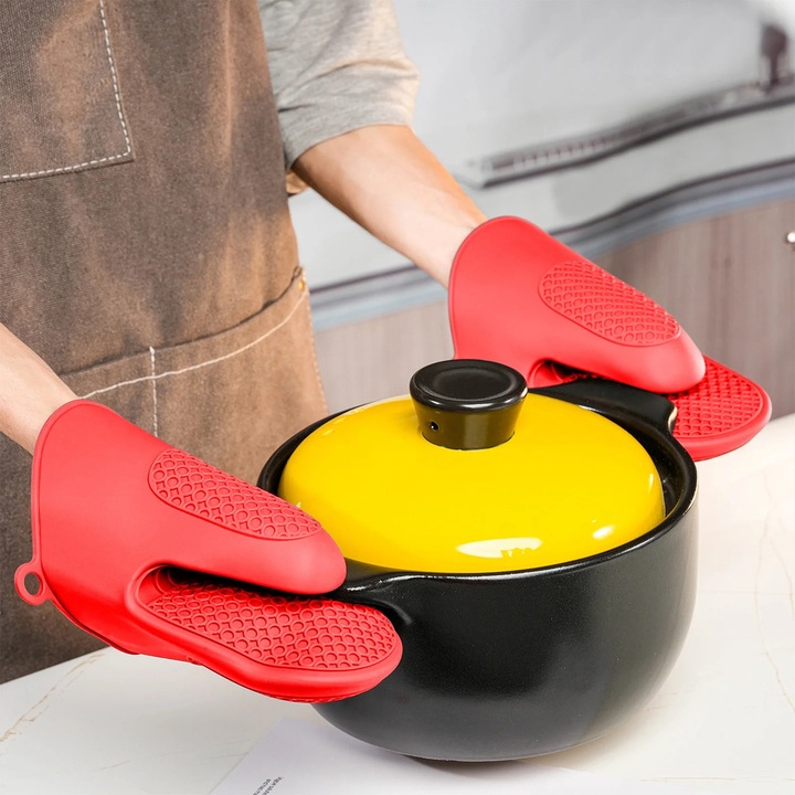 Hőálló szilikon konyhai kesztyű, 500C, ergonomikus kialakítás, piros, 1 pár